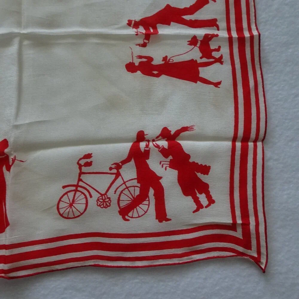 Vintage Silk Sally Gee Scarf 16 x 16 White Red Man & Woman Art Deco Theme
